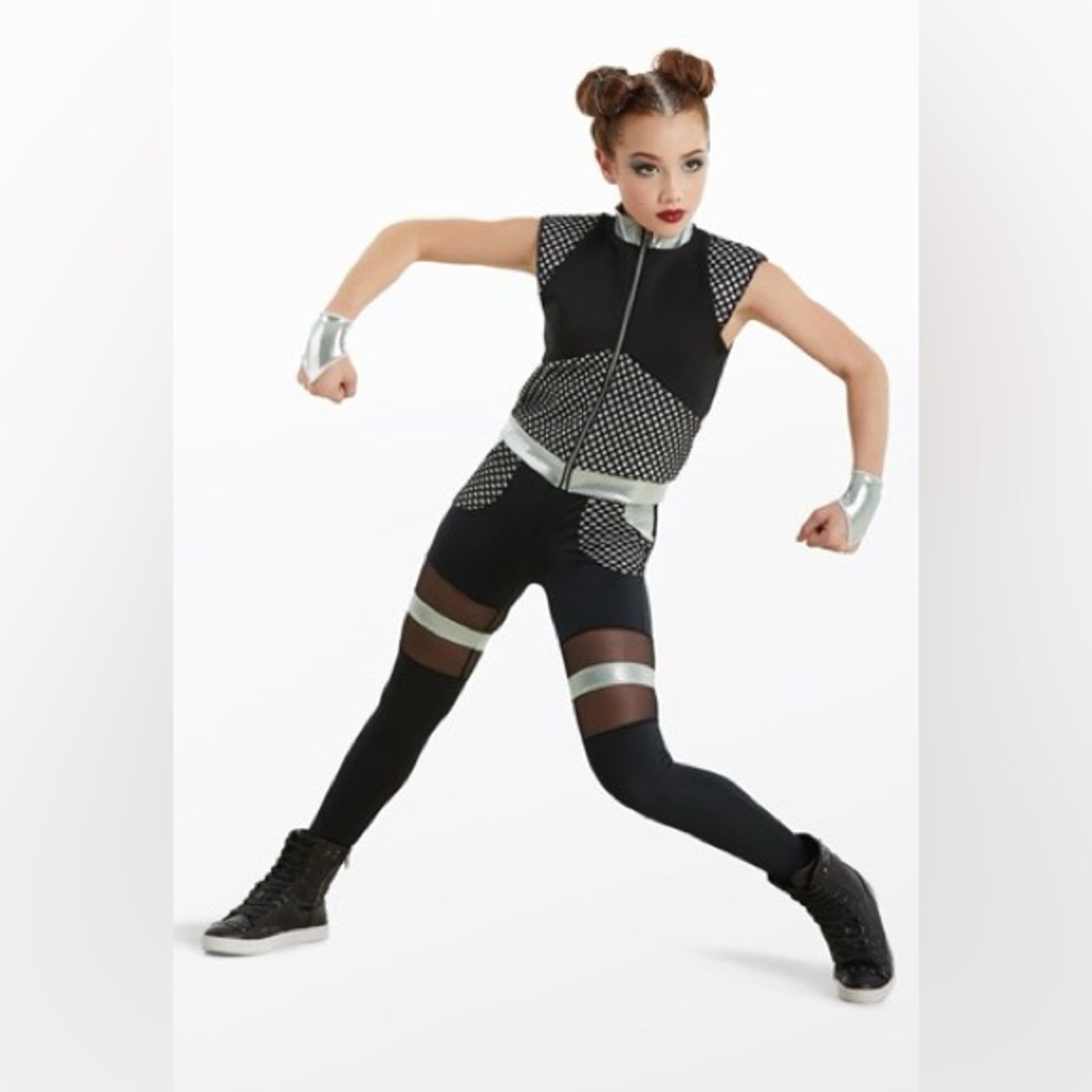 Weissman ET tap jazz dance costume, unitard, black silver, size Large Child